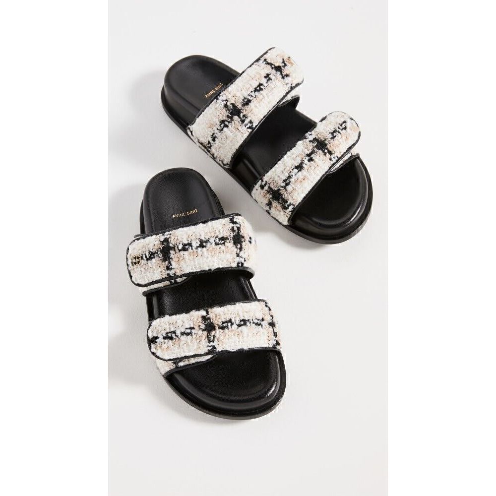 Anine Bing Sid Sandals Straps Beige Plaid Boucle Tweed 40 NEW